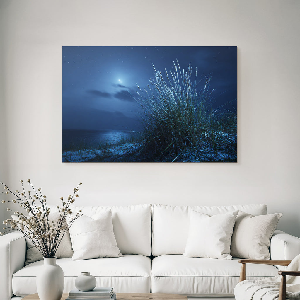 Stille Mondnacht Am Wasser Mit Sternenhimmel Und Hohem Gras