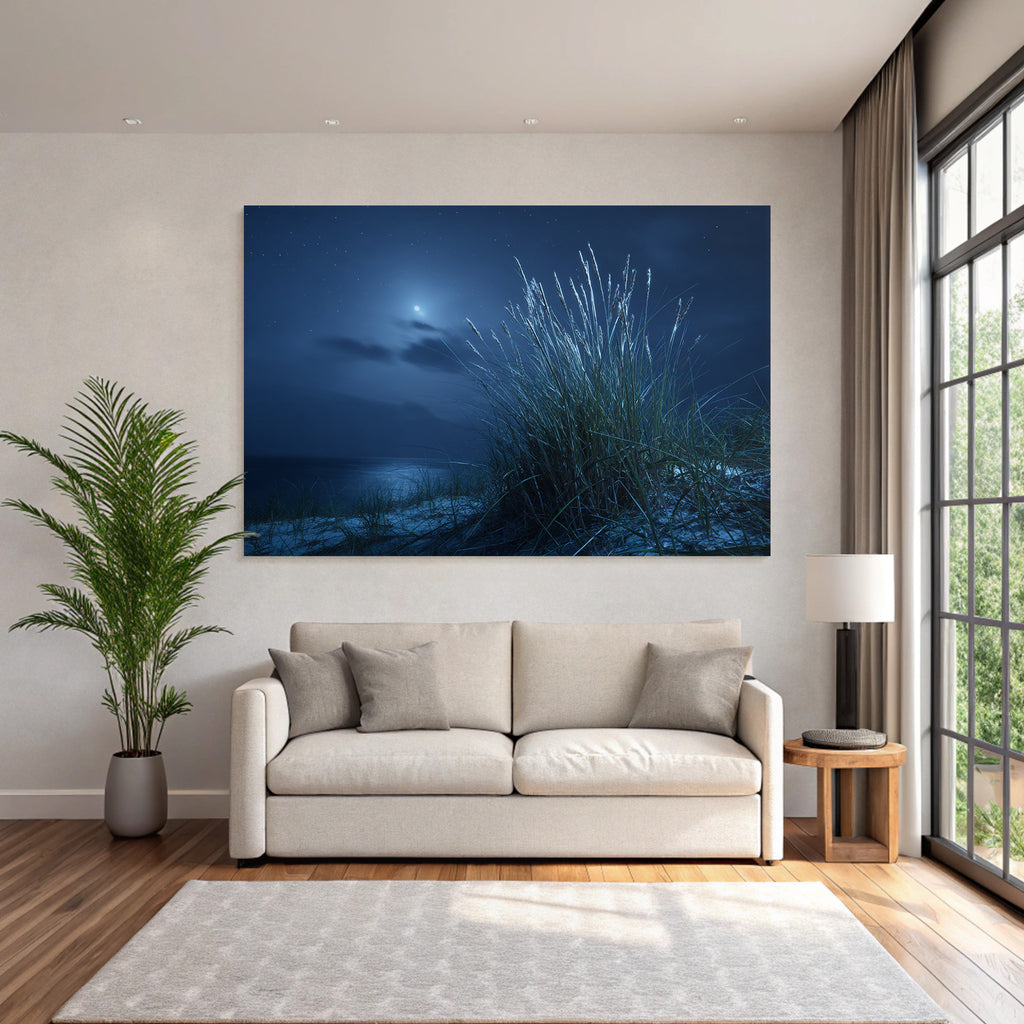 Stille Mondnacht Am Wasser Mit Sternenhimmel Und Hohem Gras