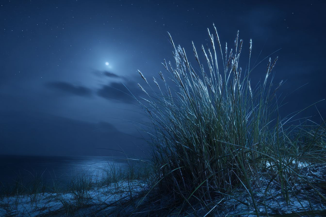 Stille Mondnacht Am Wasser Mit Sternenhimmel Und Hohem Gras | Psychedelische Kunst | Stilrichtungen