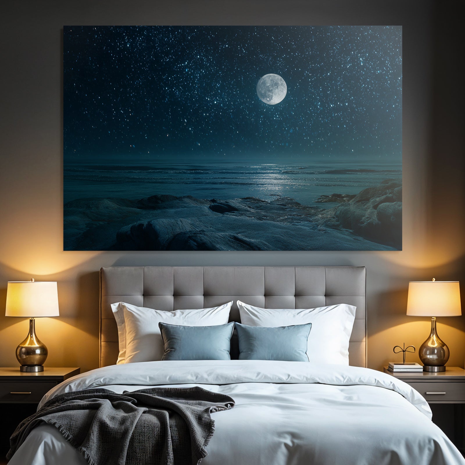 Stille Nacht Am Meer Mit Grossem Mond Und Felsigen Formationen