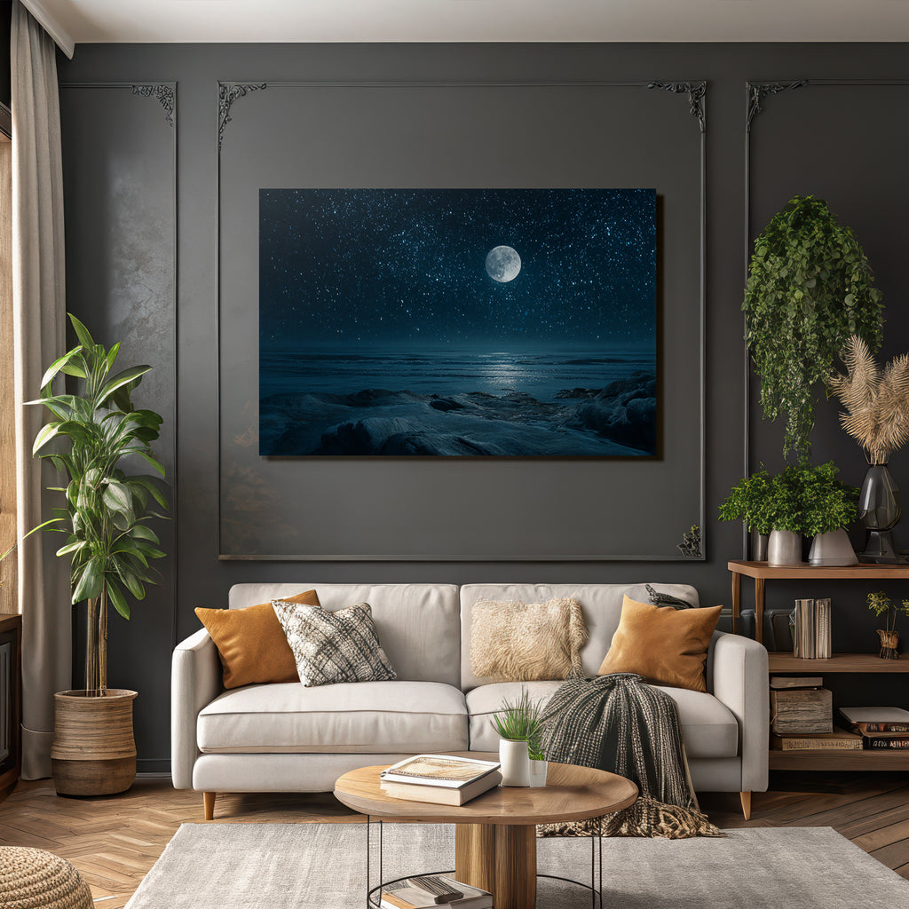 Stille Nacht Am Meer Mit Grossem Mond Und Felsigen Formationen