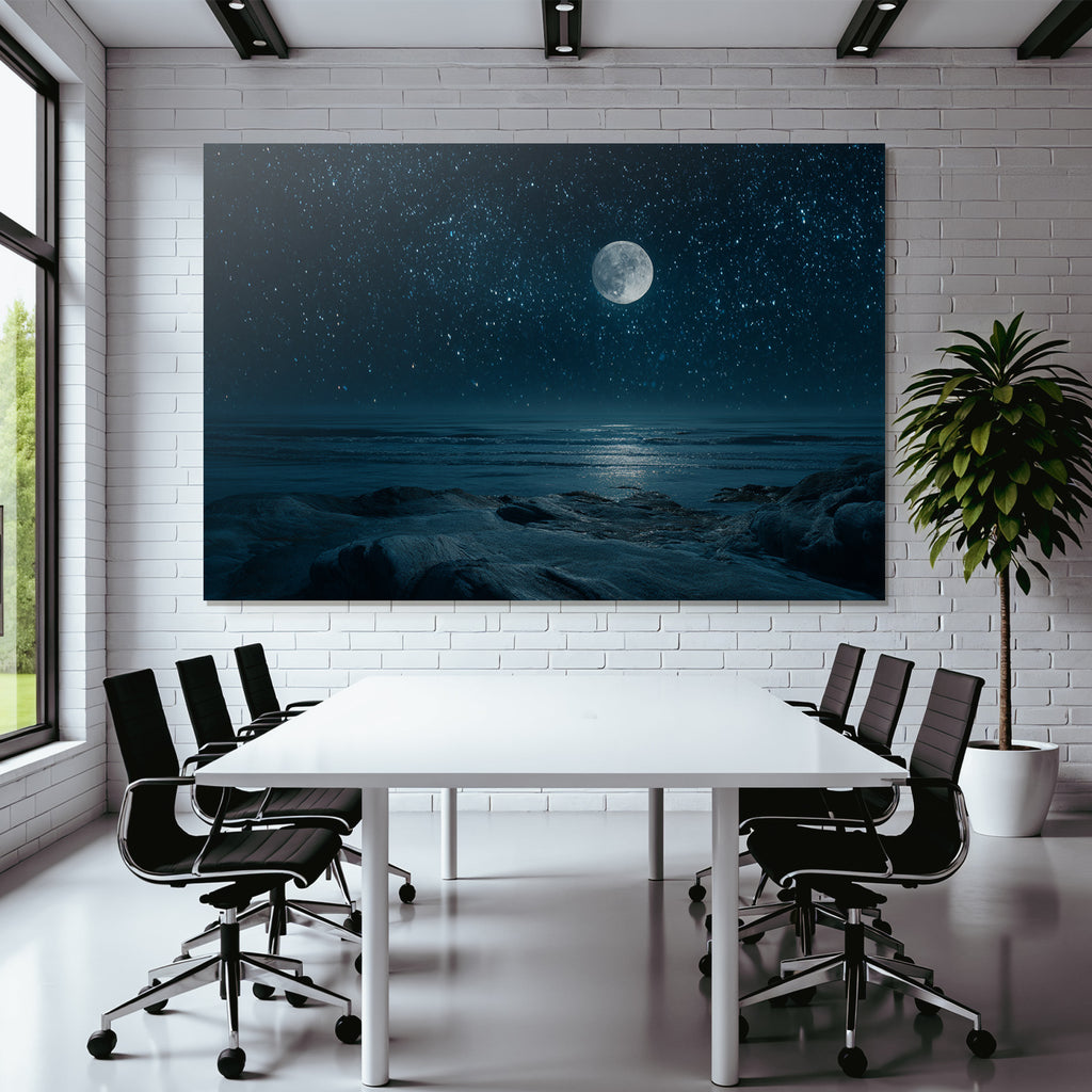 Stille Nacht Am Meer Mit Grossem Mond Und Felsigen Formationen