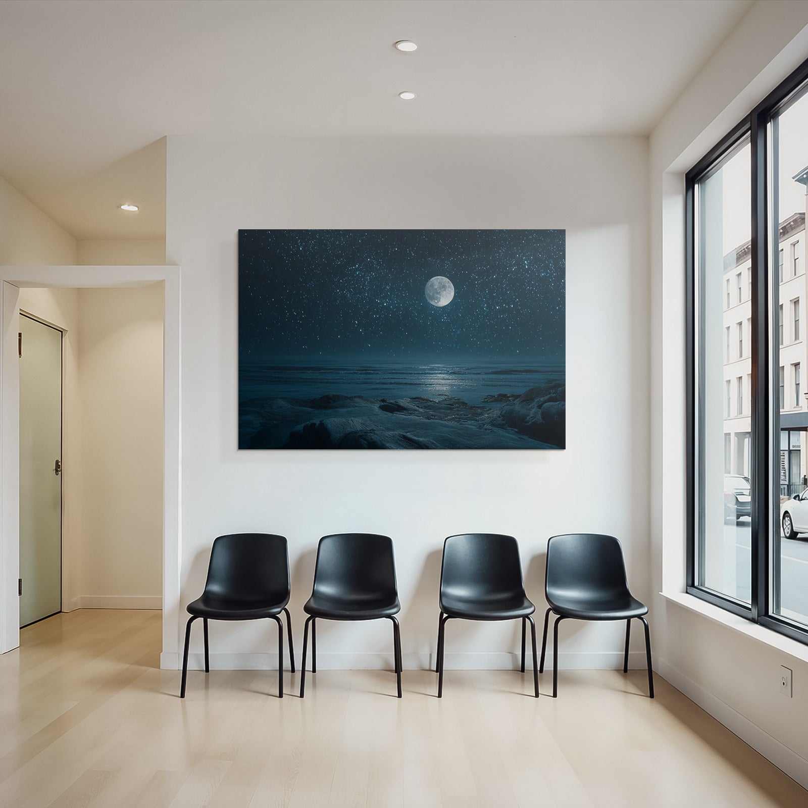 Stille Nacht Am Meer Mit Grossem Mond Und Felsigen Formationen