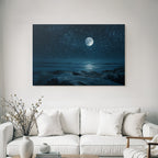 Stille Nacht Am Meer Mit Grossem Mond Und Felsigen Formationen