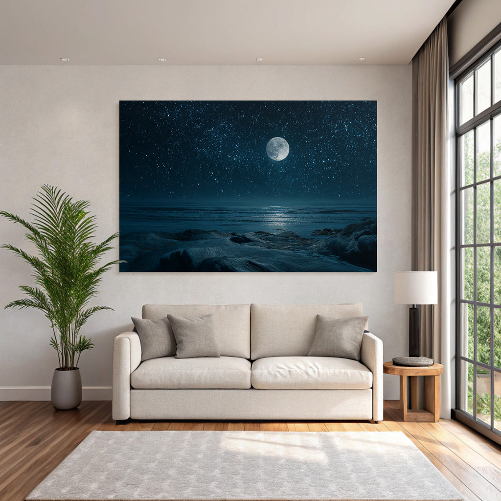 Stille Nacht Am Meer Mit Grossem Mond Und Felsigen Formationen
