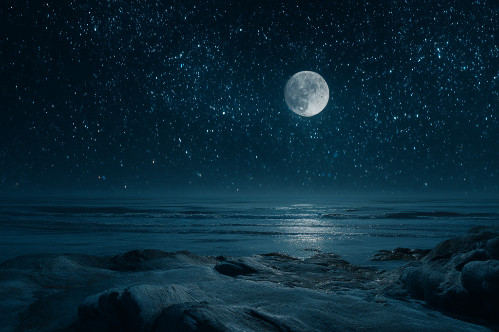 Stille Nacht Am Meer Mit Grossem Mond Und Felsigen Formationen | Psychedelische Kunst | Stilrichtungen