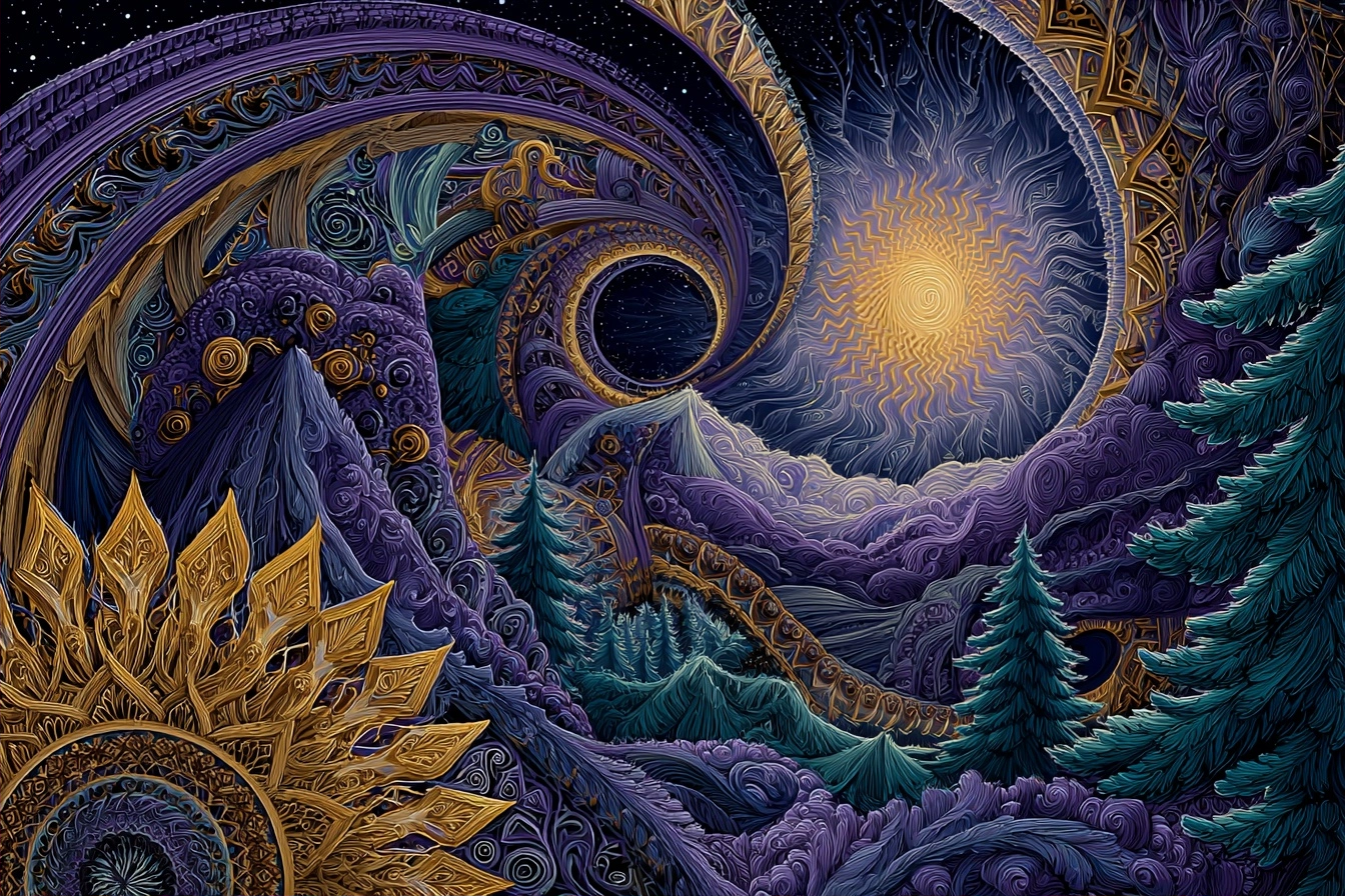 Surreale Kosmische Landschaft Mit Bergen Baeumen Wolken Und Sonne | Psychedelische Kunst | Stilrichtungen