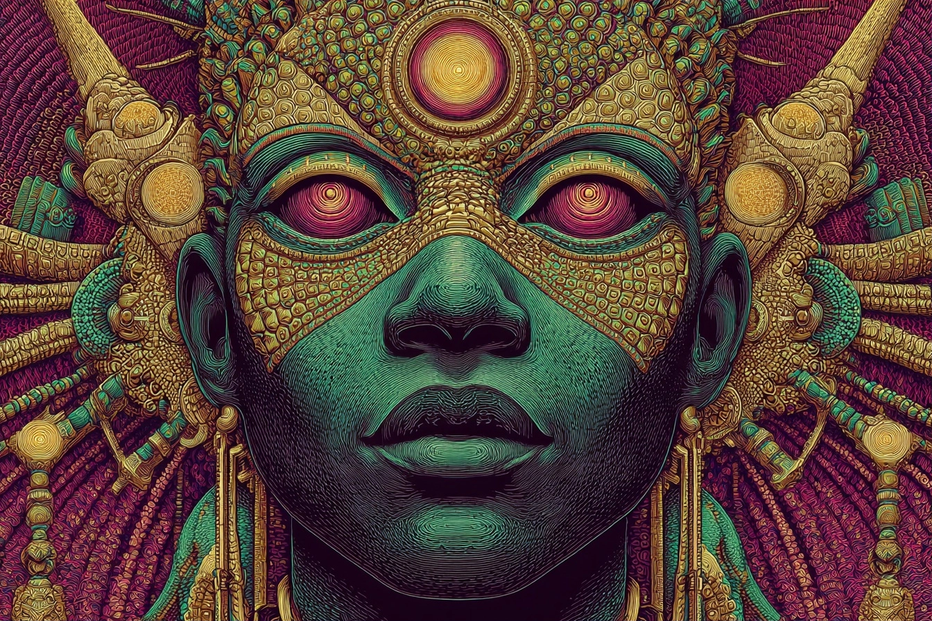 Surrealistisches Gesicht Mit Mystischem Schmuck Und Geometrischen Mustern | Psychedelische Kunst | Stilrichtungen