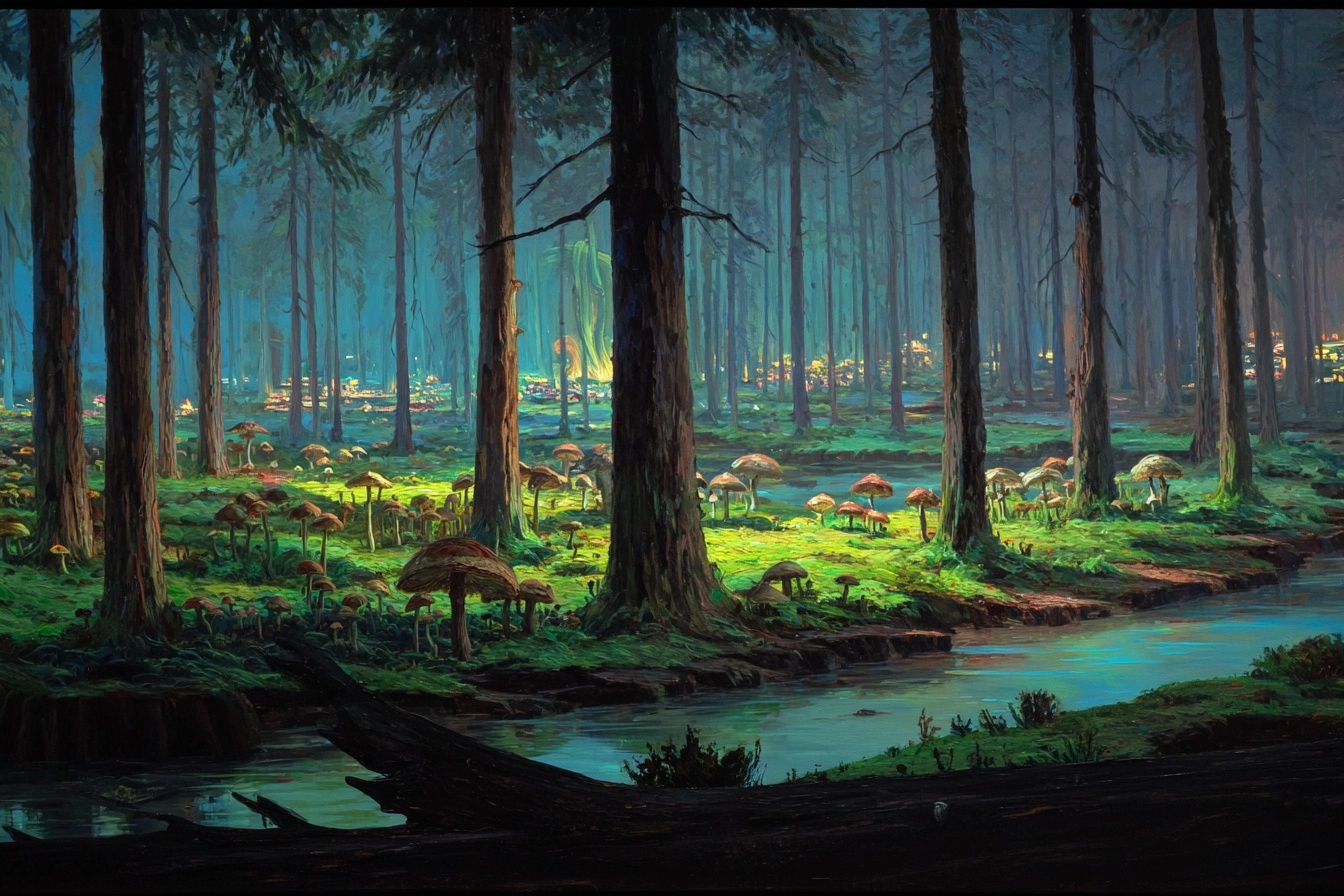 Verzauberter Fichtenwald Mit Pilzen Und Bach | Psychedelische Kunst | Stilrichtungen