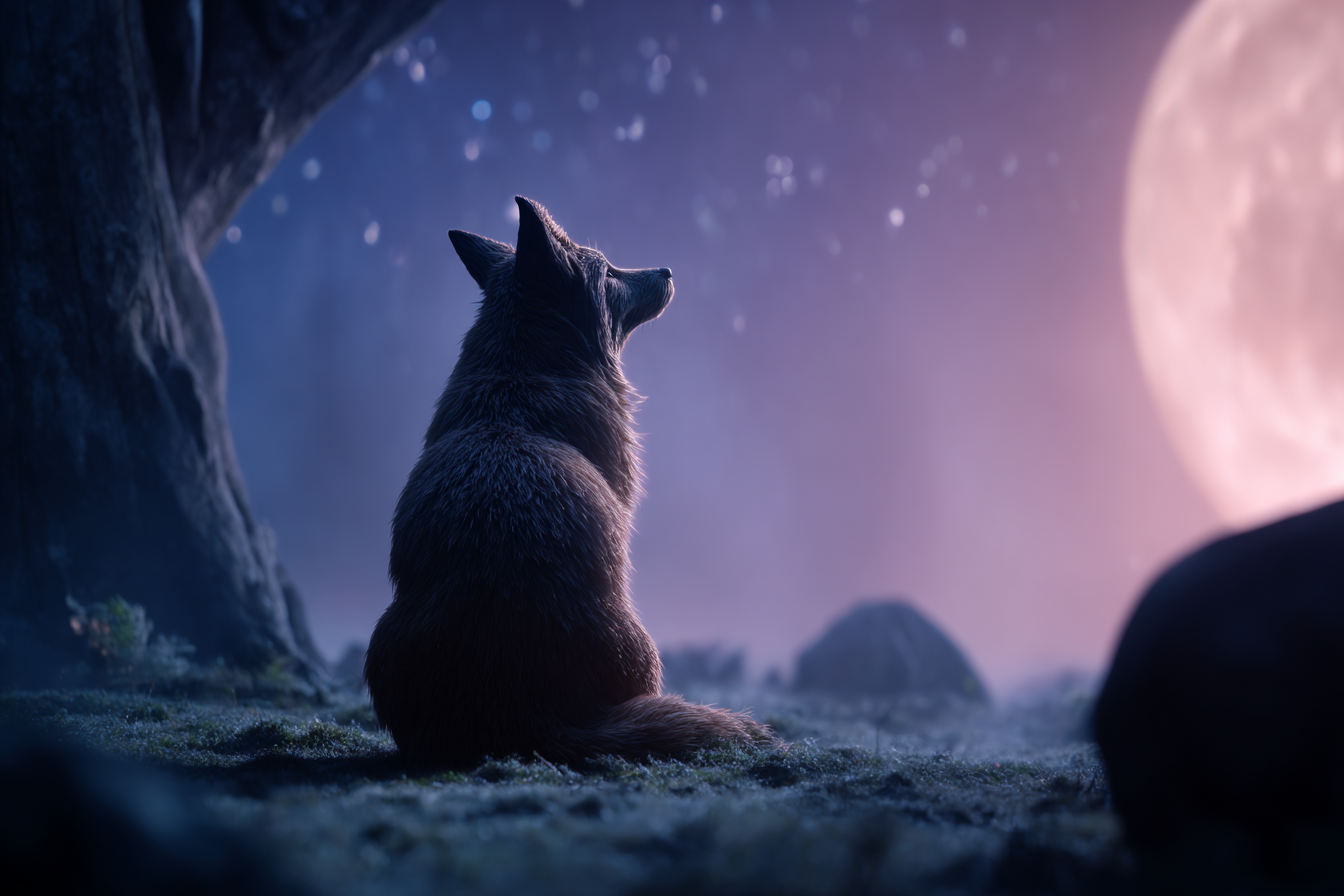 Wolf In Nächtlicher Stille Vor Dem Mond | Psychedelische Kunst | Stilrichtungen