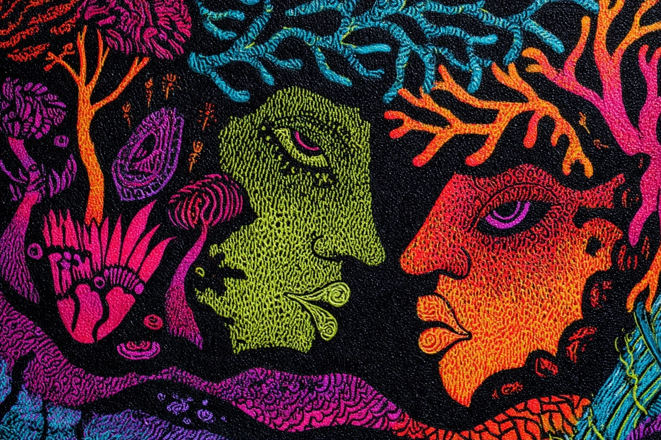 Zwei Stilisierte Gesichter Umgeben Von Bunten Mustern Und Baeumen | Psychedelische Kunst | Stilrichtungen