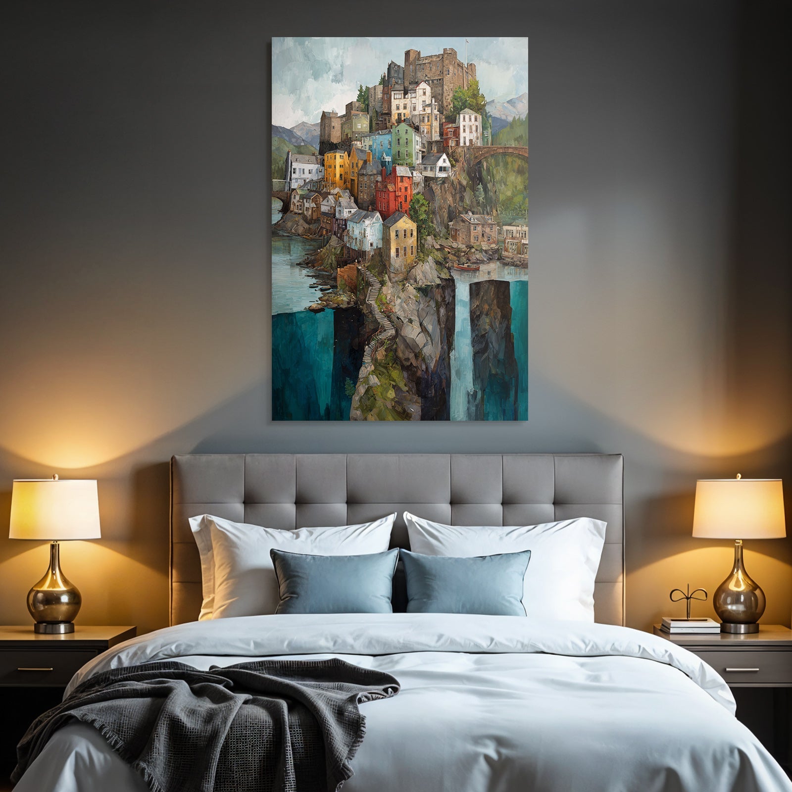 Bunte Dorflandschaft Auf Felsen Mit Burg Und Wasser
