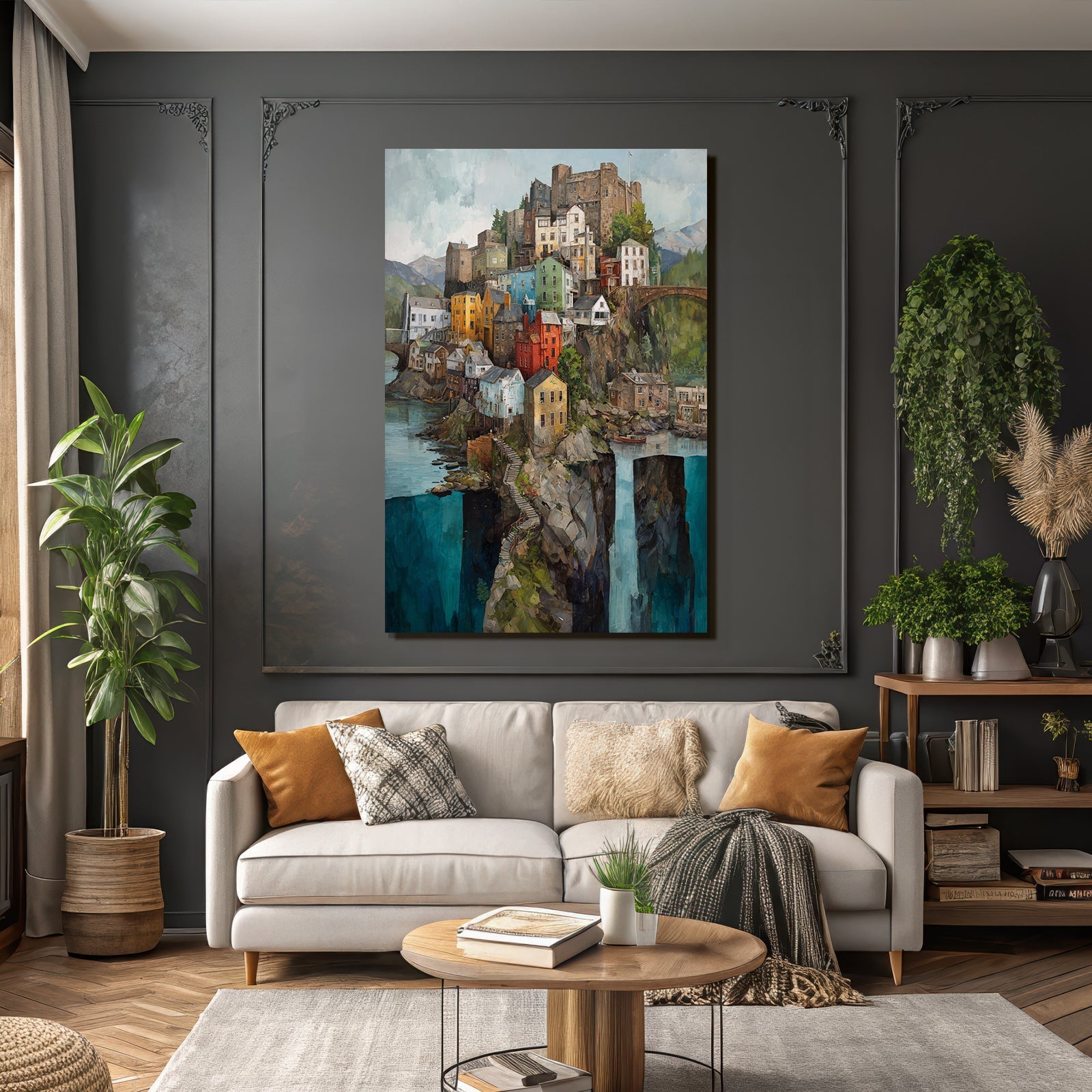 Bunte Dorflandschaft Auf Felsen Mit Burg Und Wasser