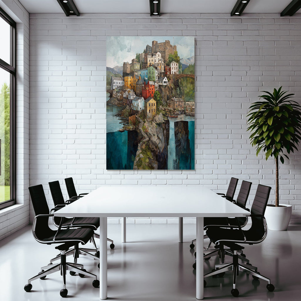 Bunte Dorflandschaft Auf Felsen Mit Burg Und Wasser