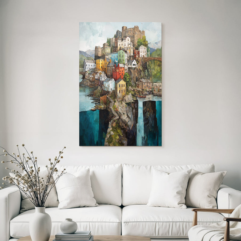 Bunte Dorflandschaft Auf Felsen Mit Burg Und Wasser