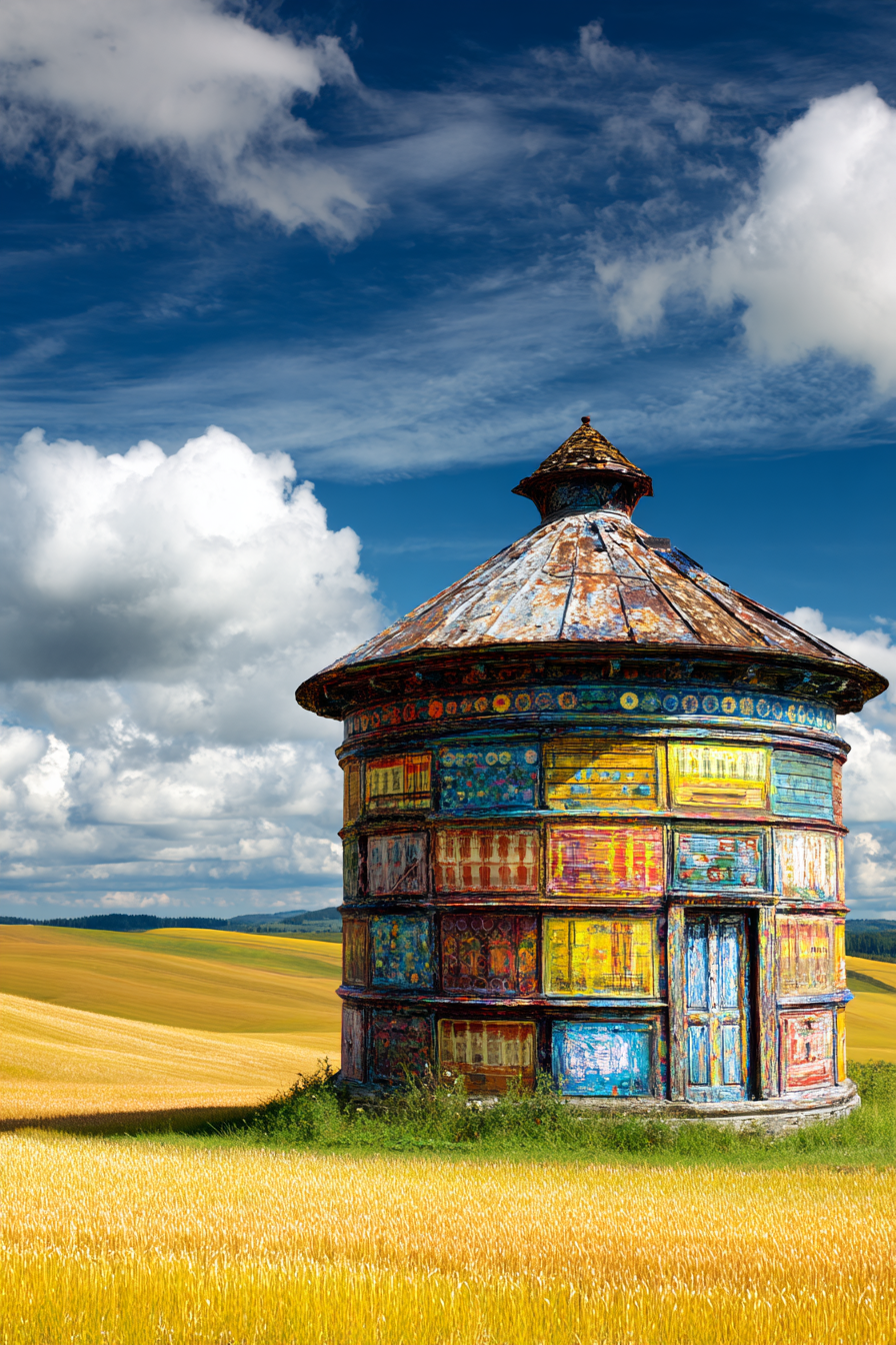 Bunte Zylindrische Structure Im Feld Unter Einem Hellen Himmel | Humor und Schraeges | Themen und Hobbys