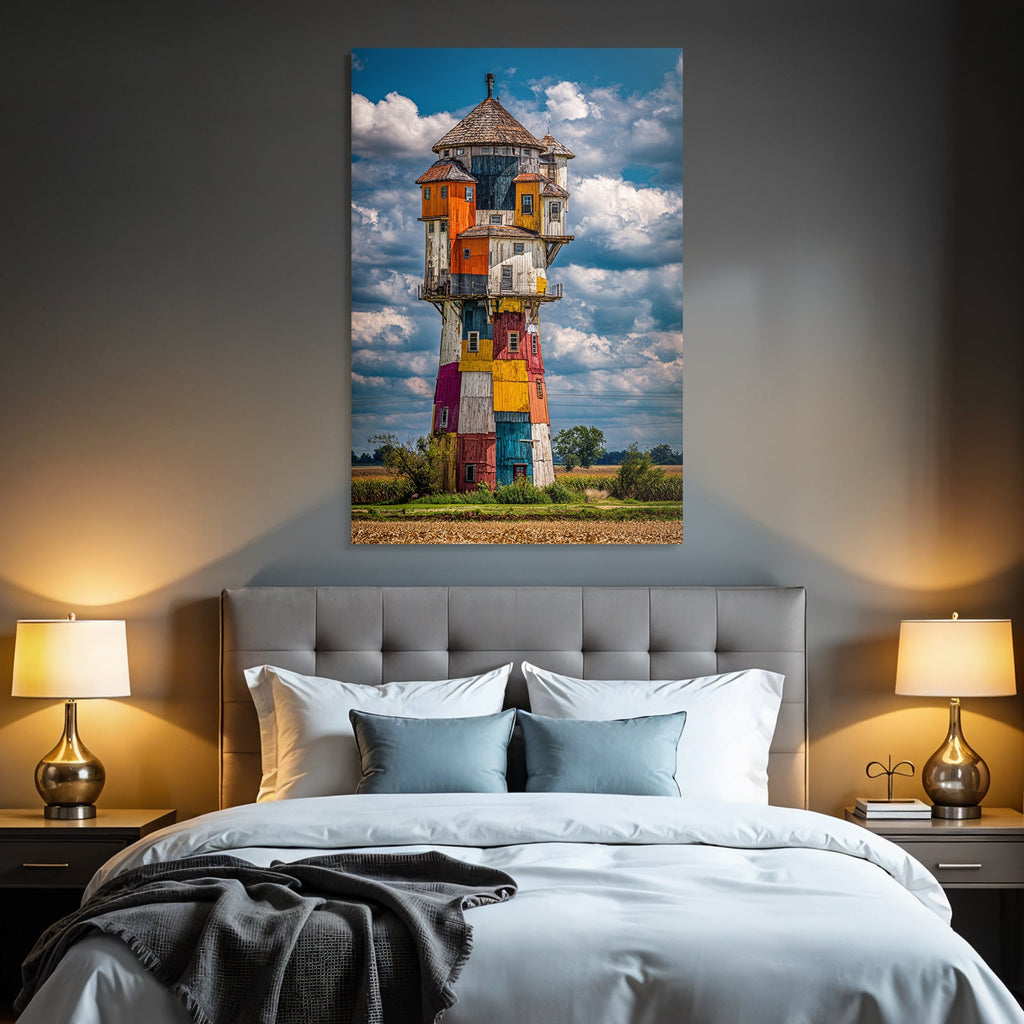Bunter Kunstvoller Wasserturm Mit Dramatischem Himmel Und Landschaft