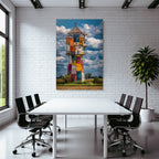 Bunter Kunstvoller Wasserturm Mit Dramatischem Himmel Und Landschaft