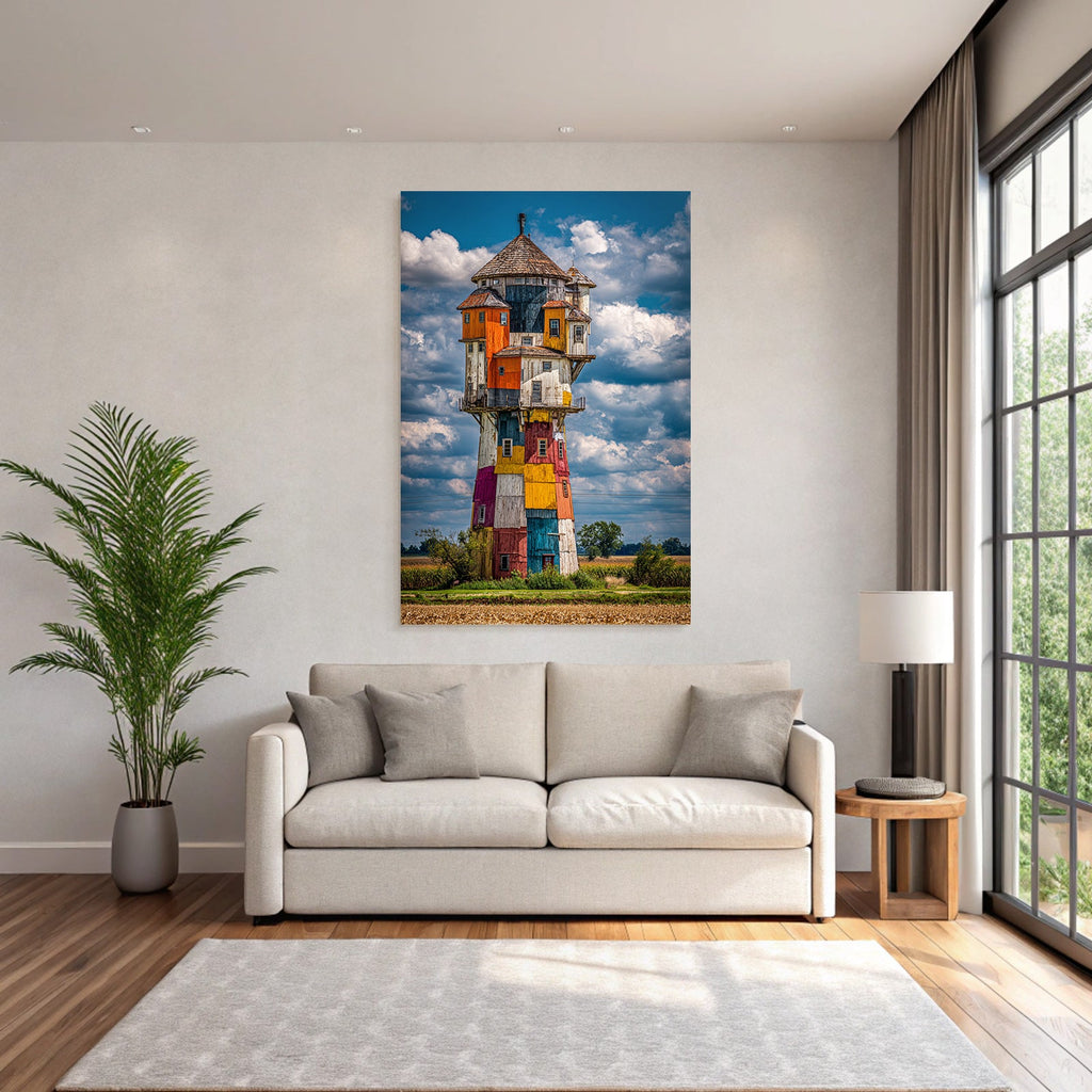 Bunter Kunstvoller Wasserturm Mit Dramatischem Himmel Und Landschaft