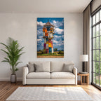 Bunter Kunstvoller Wasserturm Mit Dramatischem Himmel Und Landschaft
