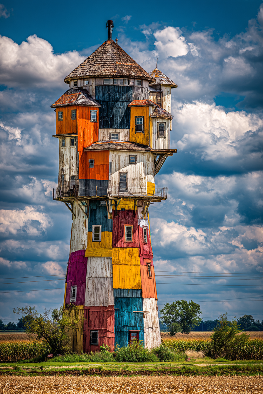 Bunter Kunstvoller Wasserturm Mit Dramatischem Himmel Und Landschaft | Humor und Schraeges | Themen und Hobbys