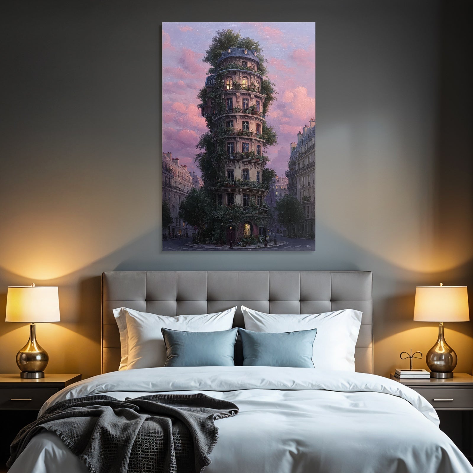 Fantastische Architektur Turm Mit Grünem Bewuchs Im Stadtumfeld Sonnenuntergang
