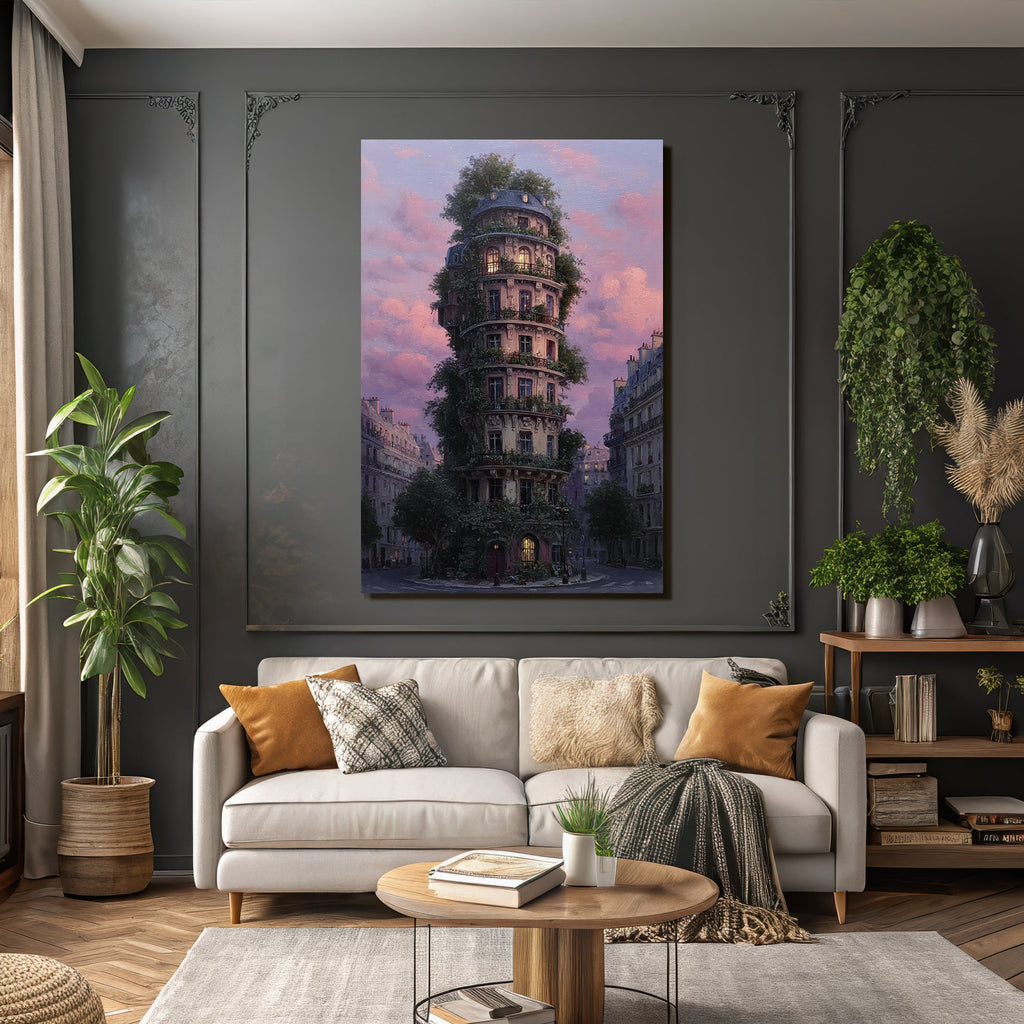 Fantastische Architektur Turm Mit Grünem Bewuchs Im Stadtumfeld Sonnenuntergang