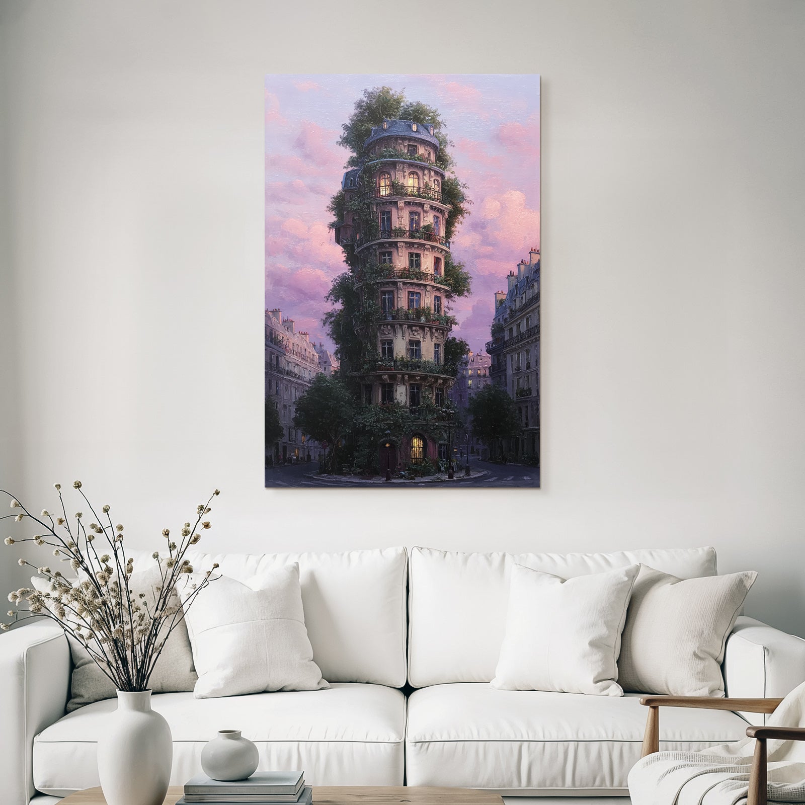 Fantastische Architektur Turm Mit Grünem Bewuchs Im Stadtumfeld Sonnenuntergang