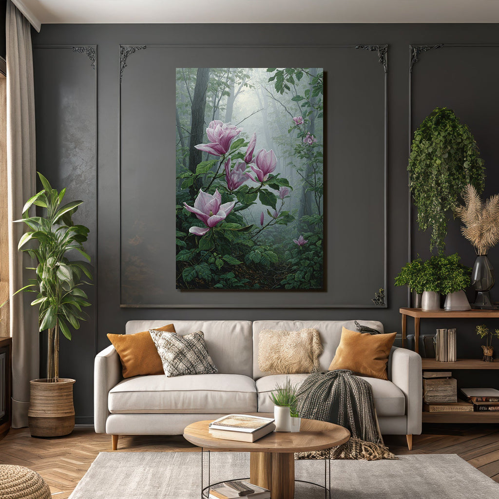 Friedlicher Wald Szenen Magnolien Blumen Umgeben Von Grünen Pflanzen Im Nebel