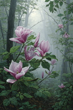 Friedlicher Wald Szenen Magnolien Blumen Umgeben Von Grünen Pflanzen Im Nebel | Humor und Schraeges | Themen und Hobbys