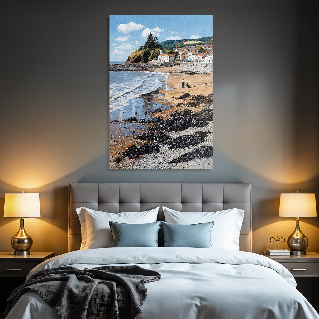 Küstenszene Mit Strand Und Felsen Häuser Im Hintergrund Meer Impressionistisch