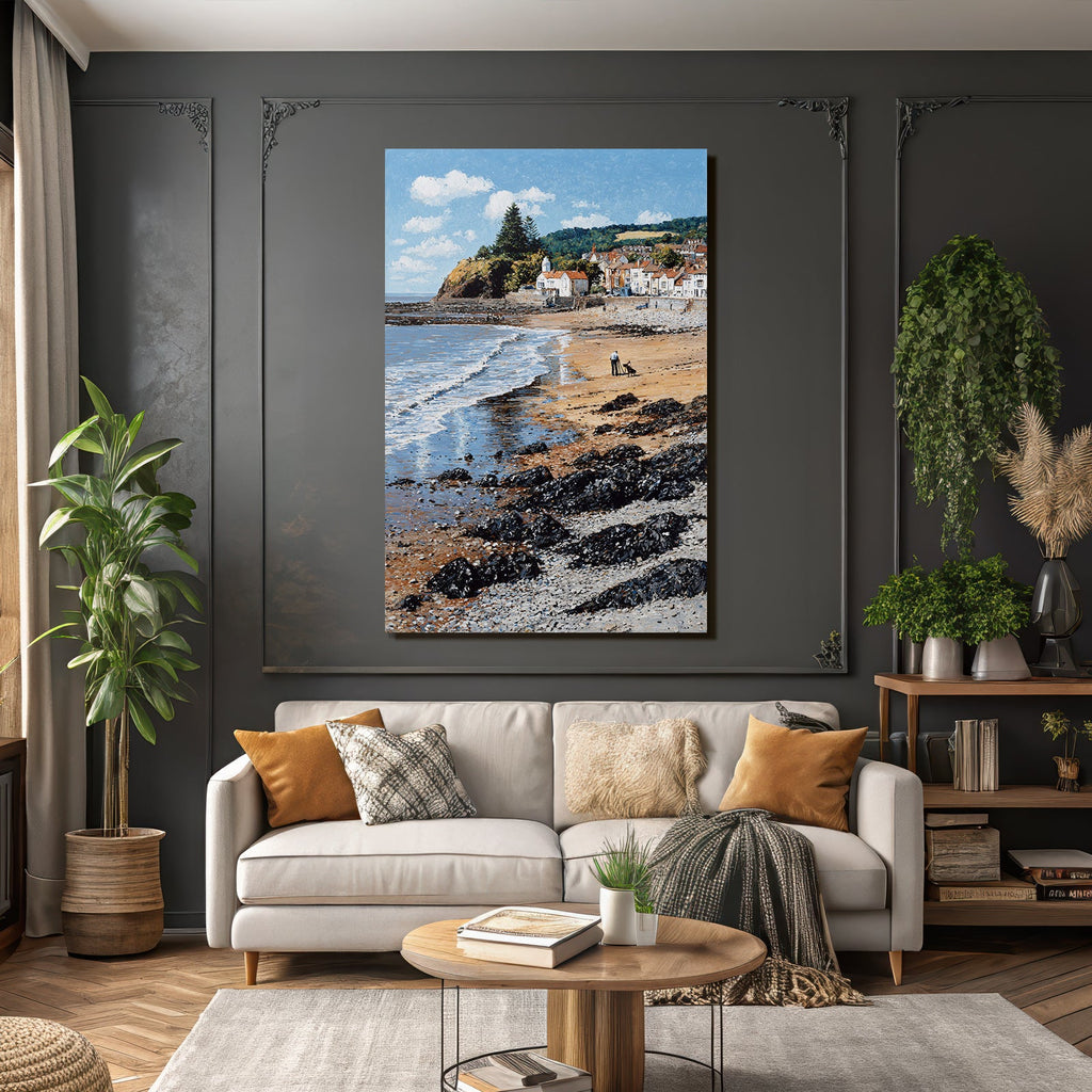 Küstenszene Mit Strand Und Felsen Häuser Im Hintergrund Meer Impressionistisch