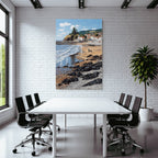 Küstenszene Mit Strand Und Felsen Häuser Im Hintergrund Meer Impressionistisch