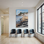 Küstenszene Mit Strand Und Felsen Häuser Im Hintergrund Meer Impressionistisch