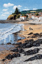 Küstenszene Mit Strand Und Felsen Häuser Im Hintergrund Meer Impressionistisch | Humor und Schraeges | Themen und Hobbys