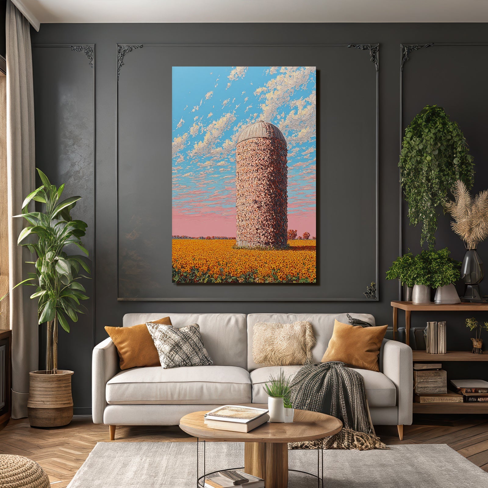 Lebensfroh Landschaft Mit Silo Und Sonnenblumen Skyline Mit Wolken