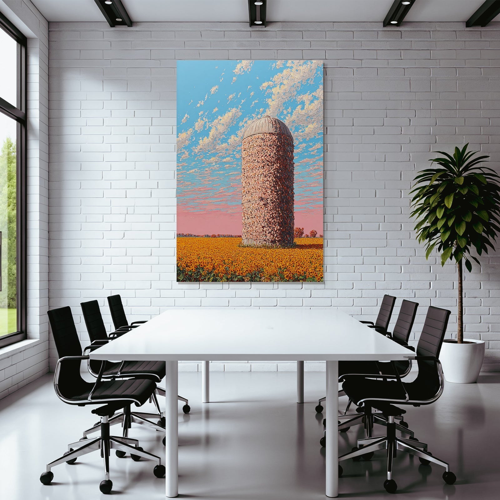 Lebensfroh Landschaft Mit Silo Und Sonnenblumen Skyline Mit Wolken