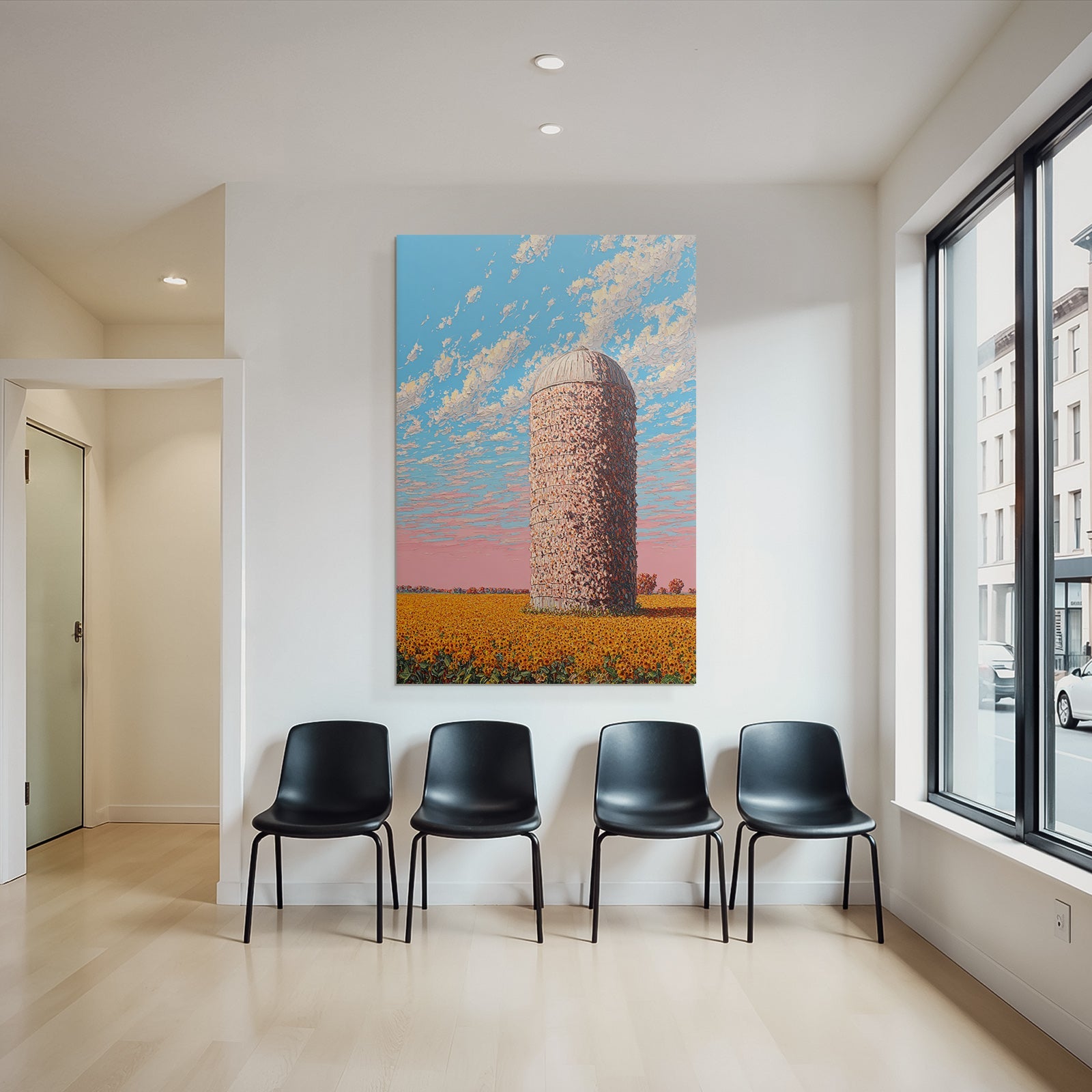 Lebensfroh Landschaft Mit Silo Und Sonnenblumen Skyline Mit Wolken