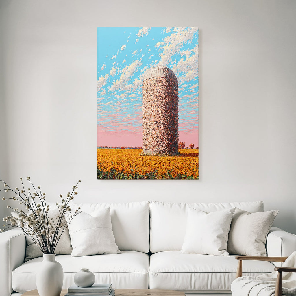 Lebensfroh Landschaft Mit Silo Und Sonnenblumen Skyline Mit Wolken