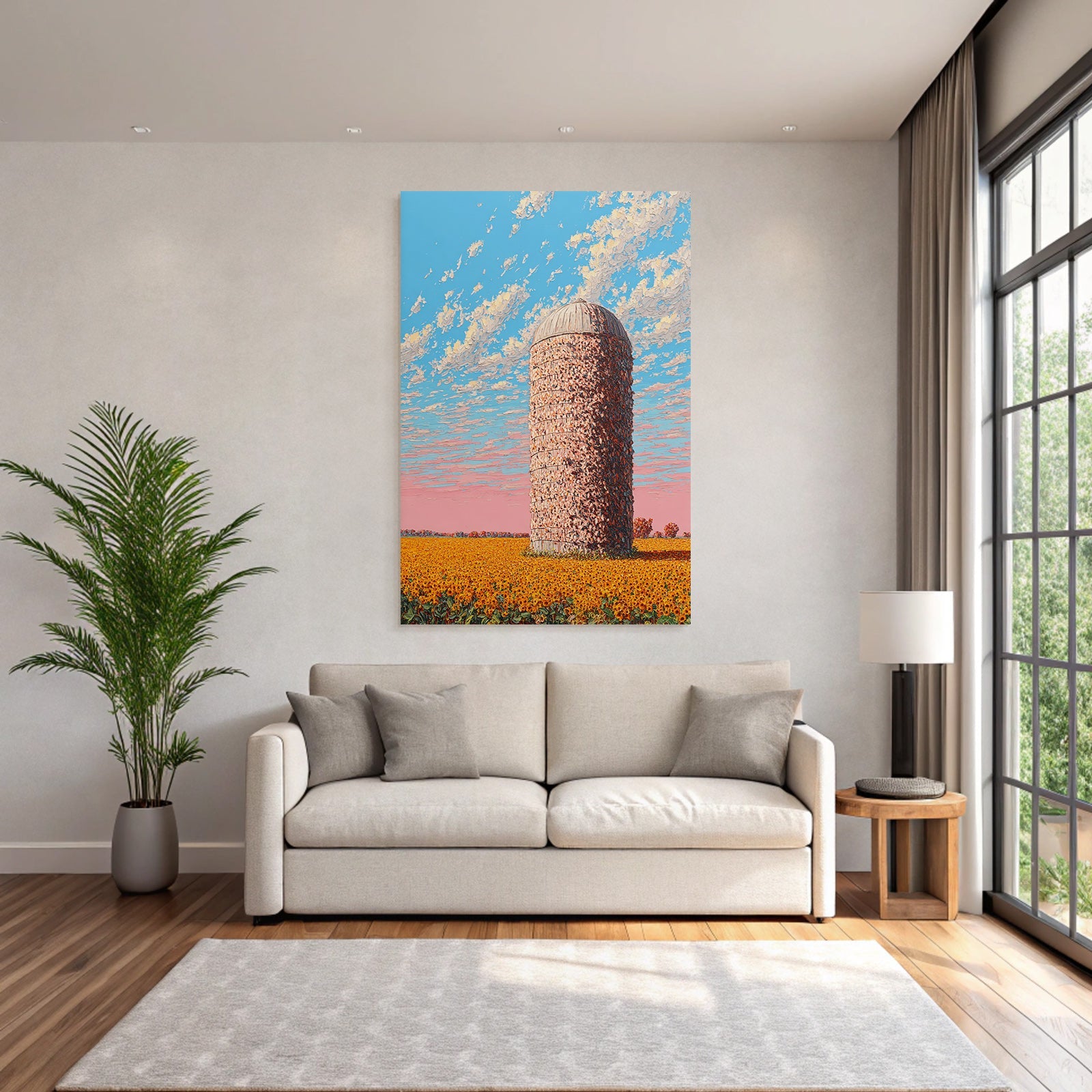 Lebensfroh Landschaft Mit Silo Und Sonnenblumen Skyline Mit Wolken