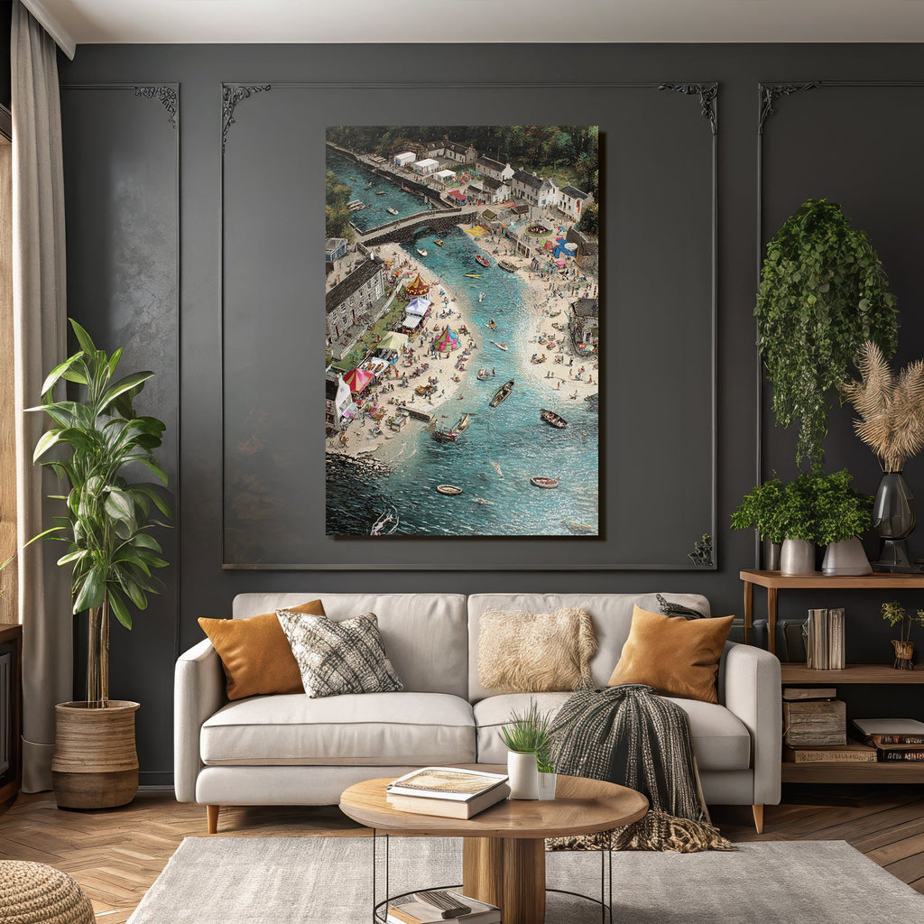 Lebhafte Küstenlandschaft Mit Strand Und Boote Festival