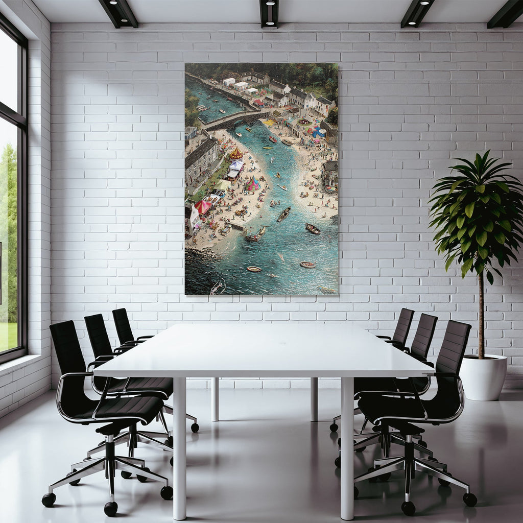Lebhafte Küstenlandschaft Mit Strand Und Boote Festival