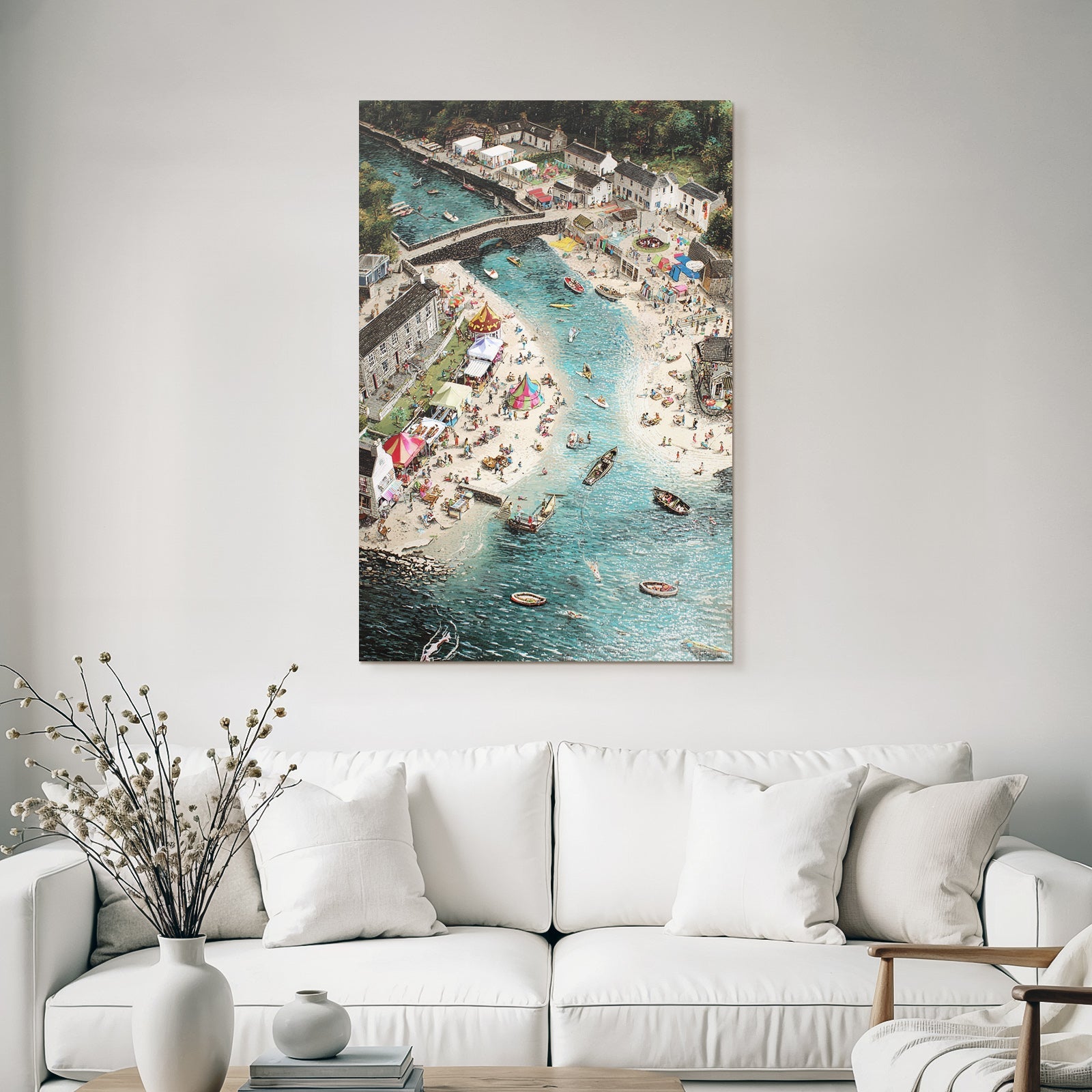 Lebhafte Küstenlandschaft Mit Strand Und Boote Festival