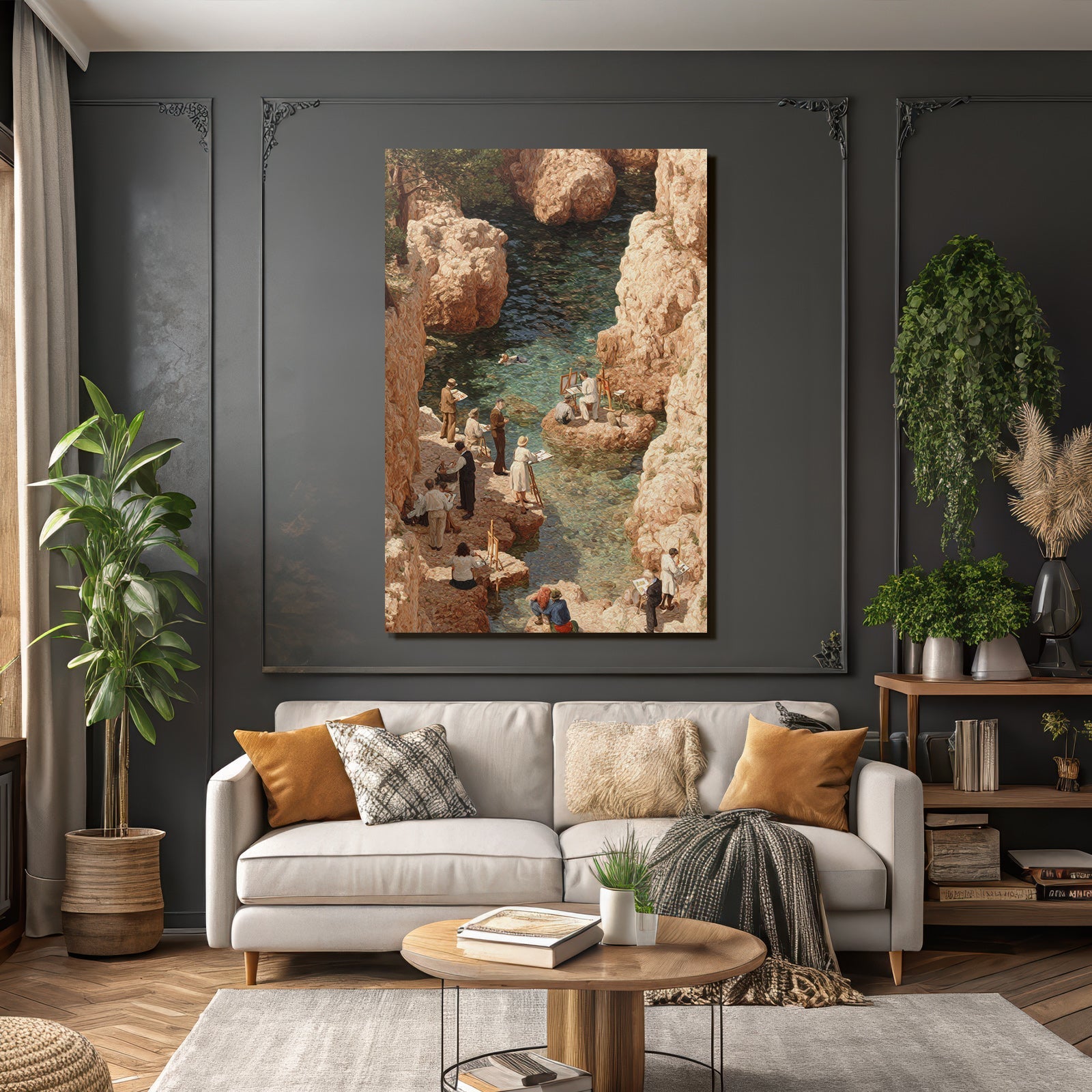 Malende Kunstler Am See Umgeben Von Felsen