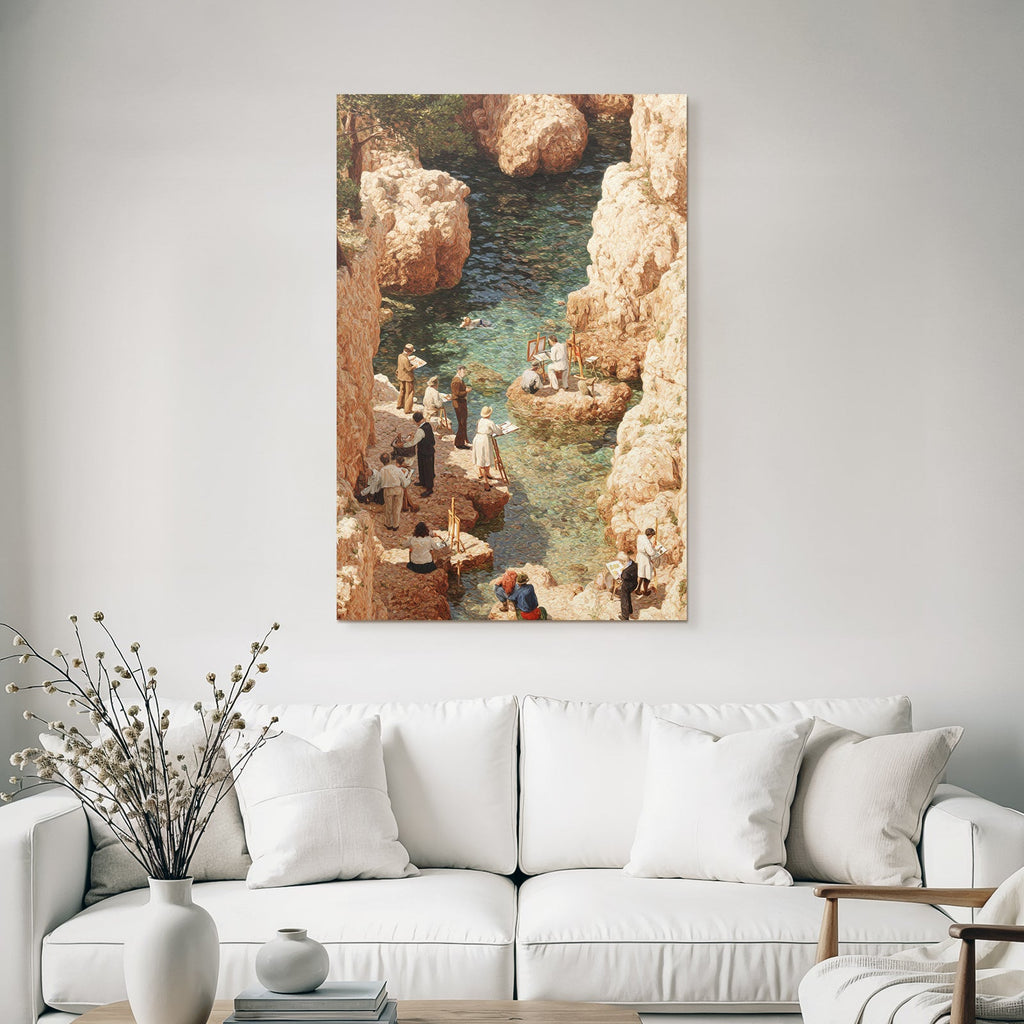 Malende Kunstler Am See Umgeben Von Felsen