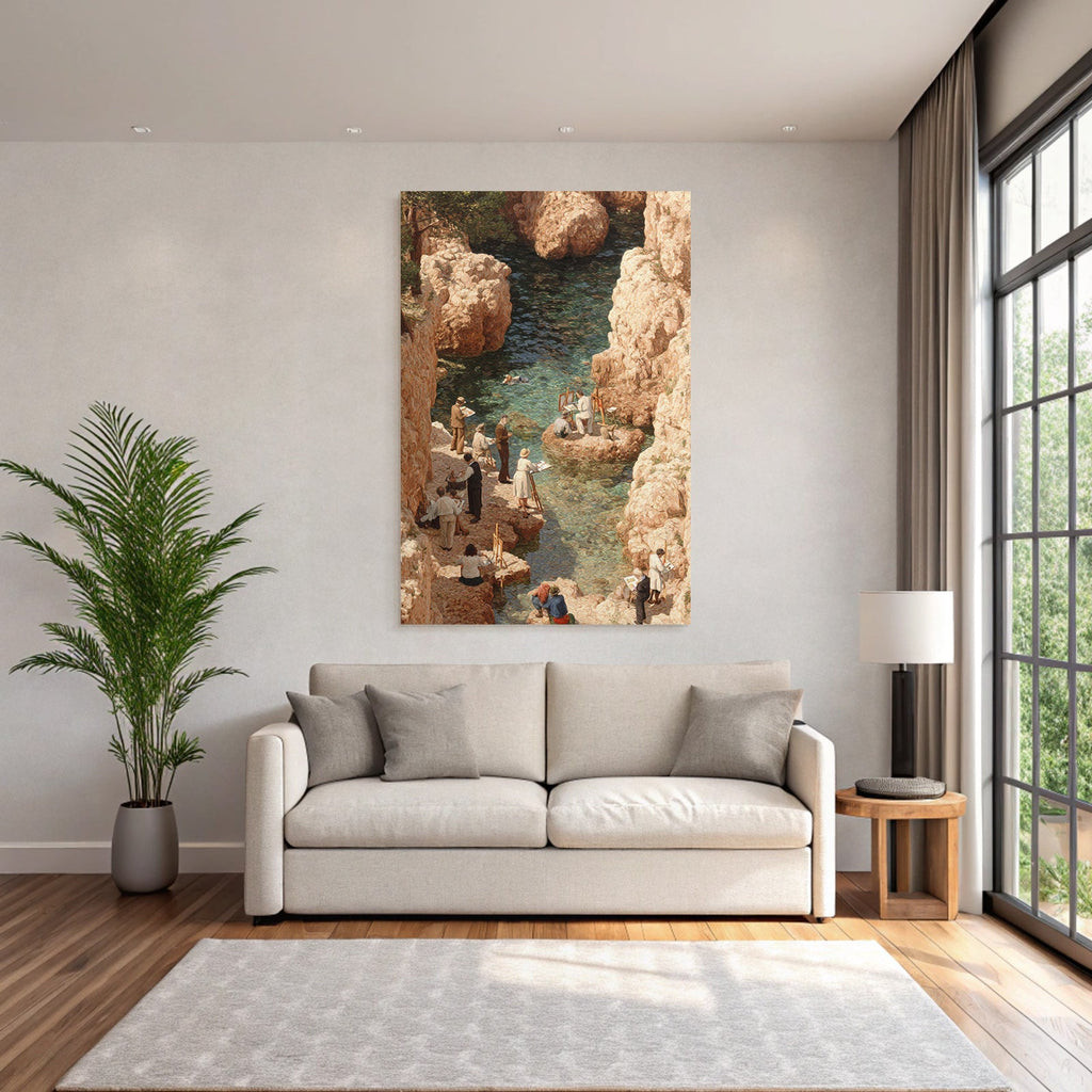 Malende Kunstler Am See Umgeben Von Felsen