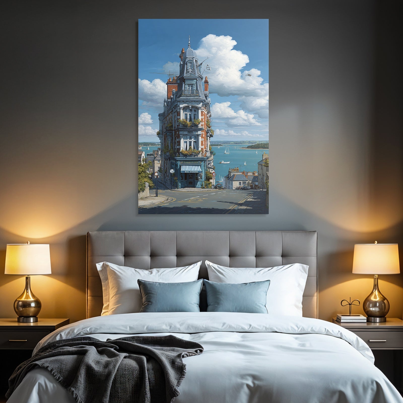 Quaint Multi Level Building Overlooking Water With Sailboats