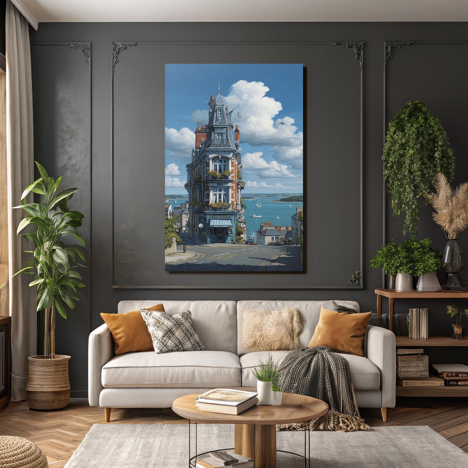 Quaint Multi Level Building Overlooking Water With Sailboats