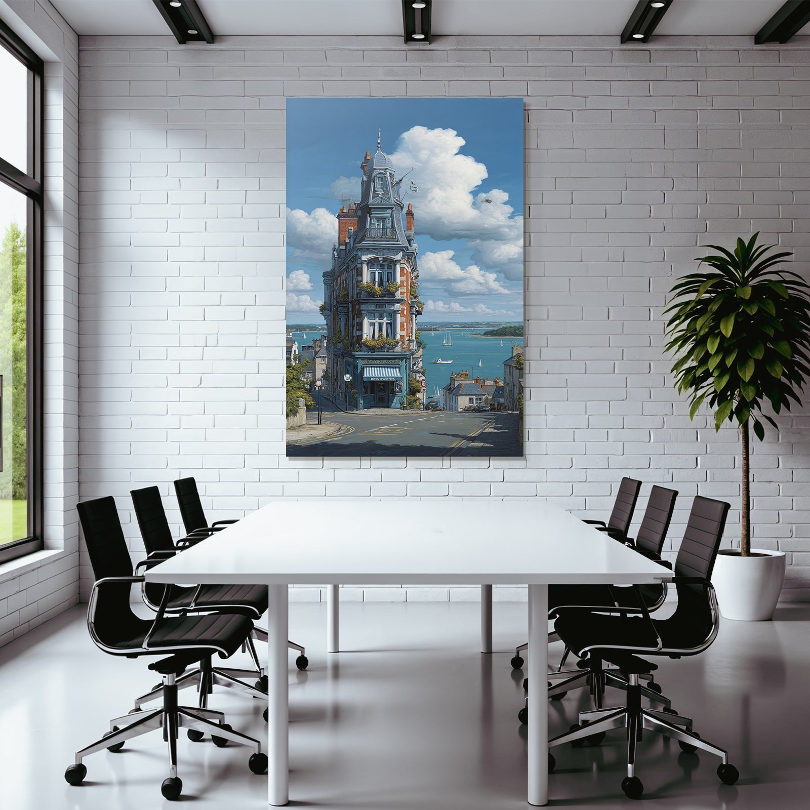 Quaint Multi Level Building Overlooking Water With Sailboats