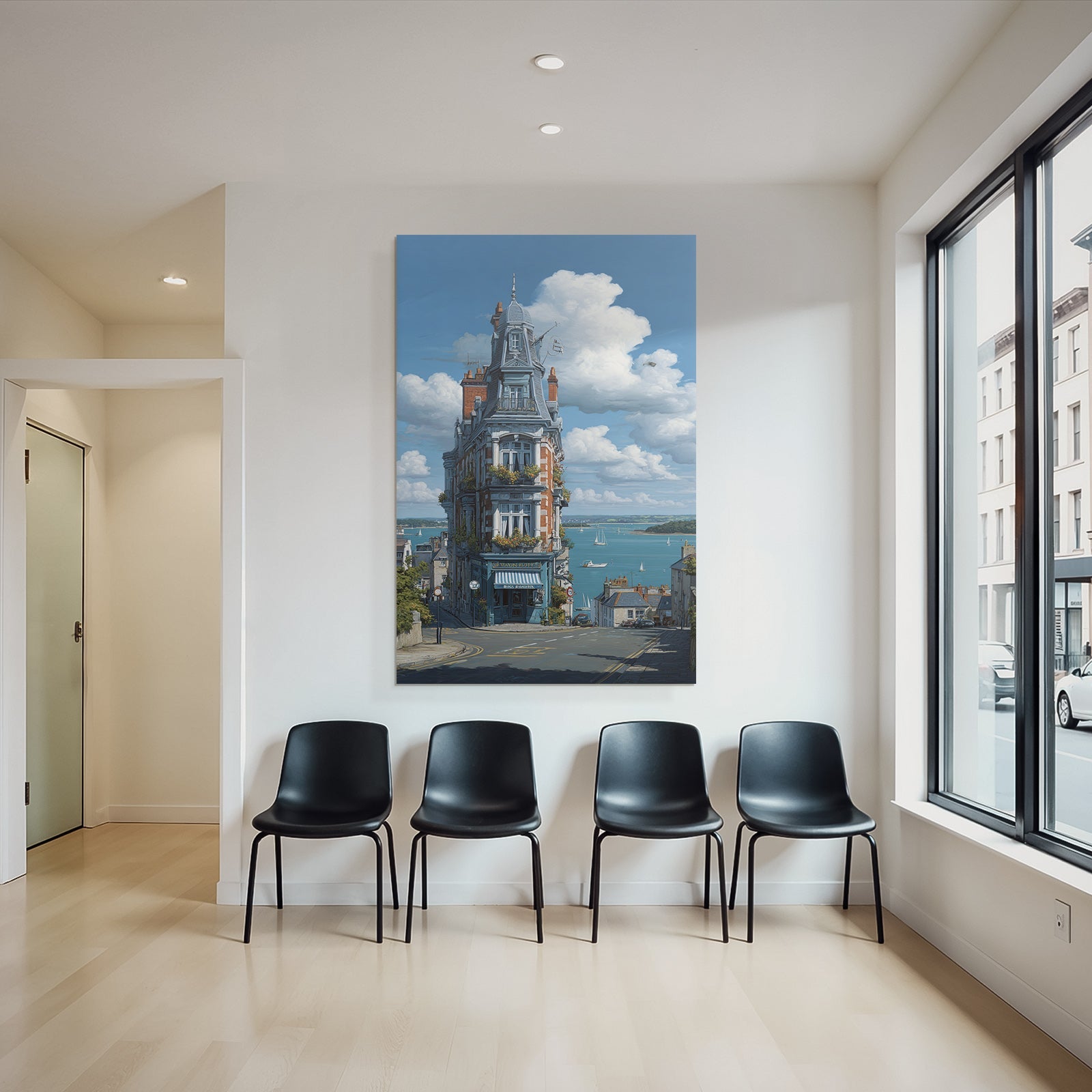 Quaint Multi Level Building Overlooking Water With Sailboats